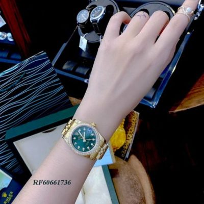 Đồng Hồ Rolex lady Datejust viền đính đá dây vàng mặt xanh lá cao cấp