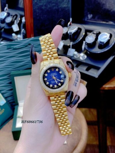 Đồng Hồ Rolex lady Datejust viền đính đá dây vàng mặt xanh dương cao cấp