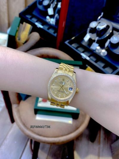 Đồng Hồ Rolex lady Datejust viền đính đá dây vàng mặt vàng cao cấp