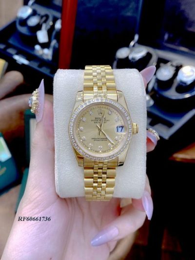 Đồng Hồ Rolex lady Datejust viền đính đá dây vàng mặt vàng cao cấp