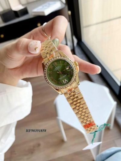 đồng hồ rolex nữ dây thép không gỉ dây vàng mặt xanh cao cấp