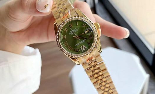 đồng hồ rolex nữ dây thép không gỉ dây vàng mặt xanh cao cấp