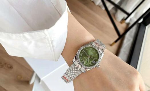 đồng hồ rolex nữ dây thép không gỉ dây bạc mặt xanh cao cấp