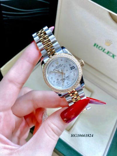 Đồng hồ nữ Rolex Lady Datejust viền đá mặt trắng đính hoa