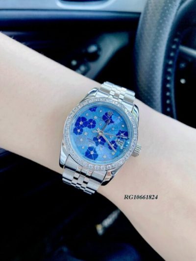 Đồng hồ nữ Rolex Lady Datejust viền đá mặt xanh đính hoa