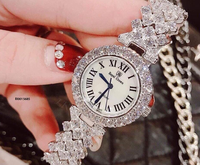 Đồng hồ Royal Crown 6305 nữ Dây và viền thép không gỉ mạ pvd đính full đá (Sao chép)