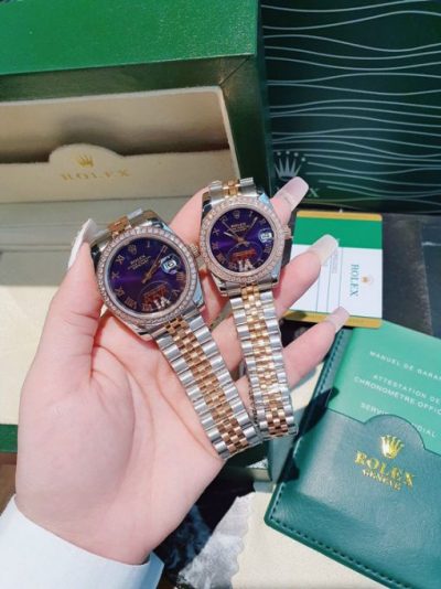 Đồng Hồ Cặp Rolex máy cơ dây demi viền đính đá cao cấp