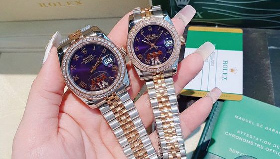 Đồng Hồ Cặp Rolex máy cơ dây demi viền đính đá cao cấp