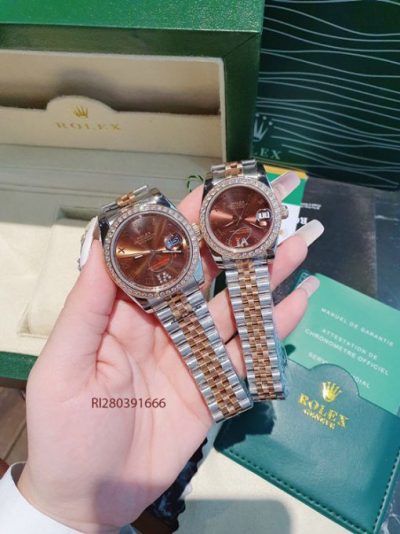 Đồng Hồ Cặp Rolex máy cơ dây demi viền đính đá cao cấp