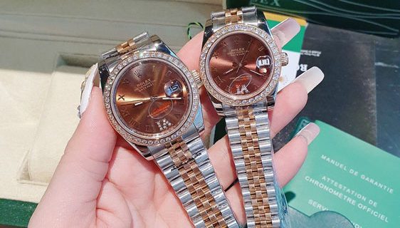 Đồng Hồ Cặp Rolex máy cơ dây demi viền đính đá cao cấp