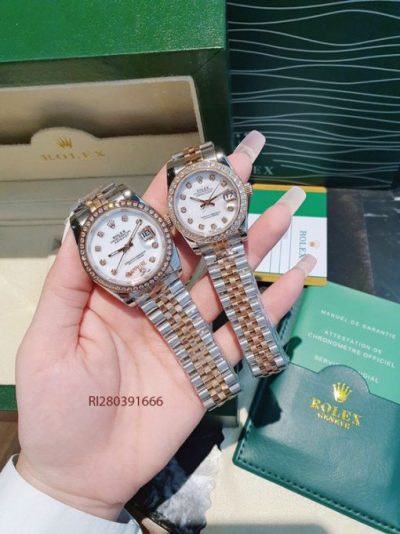 Đồng Hồ Cặp Rolex máy cơ dây demi viền đính đá cao cấp