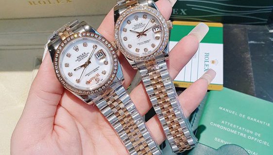 Đồng Hồ Cặp Rolex máy cơ dây demi viền đính đá cao cấp