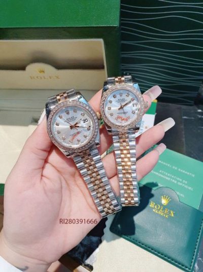 Đồng Hồ Cặp Rolex máy cơ dây demi viền đính đá cao cấp