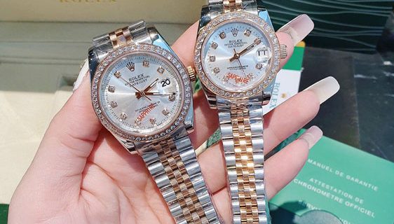 Đồng Hồ Cặp Rolex máy cơ dây demi viền đính đá cao cấp