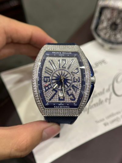 Đồng hồ Franck Muller V45 nam đính full kim cương nhân tạo màu xanh 44mm