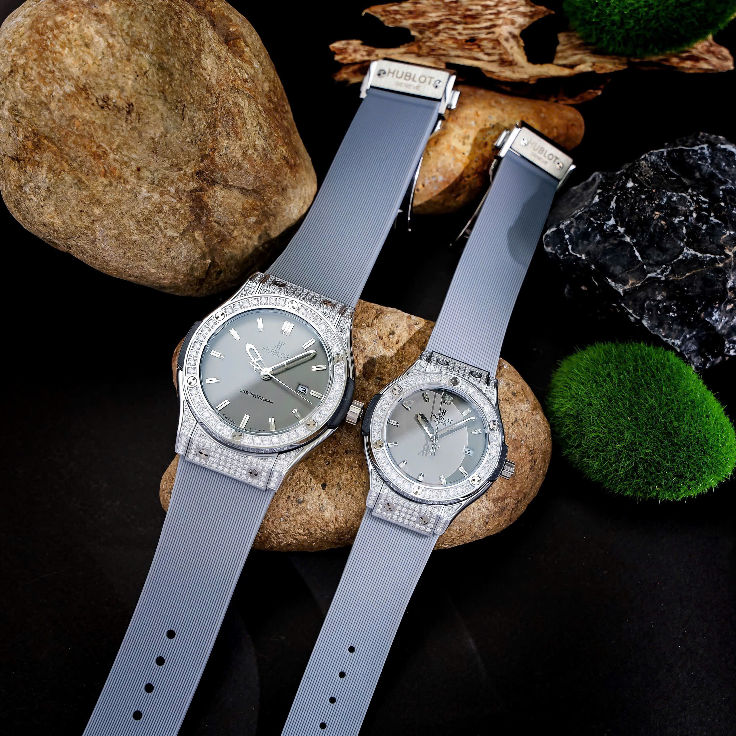 Đồng hồ Hublot Genever Cặp Nam Nữ viền đính đá mặt xám