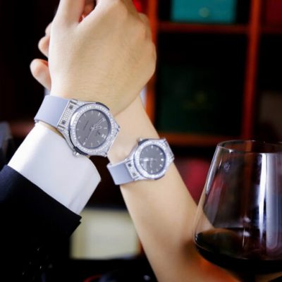 Đồng hồ Hublot Genever Cặp Nam Nữ viền đính đá mặt xám