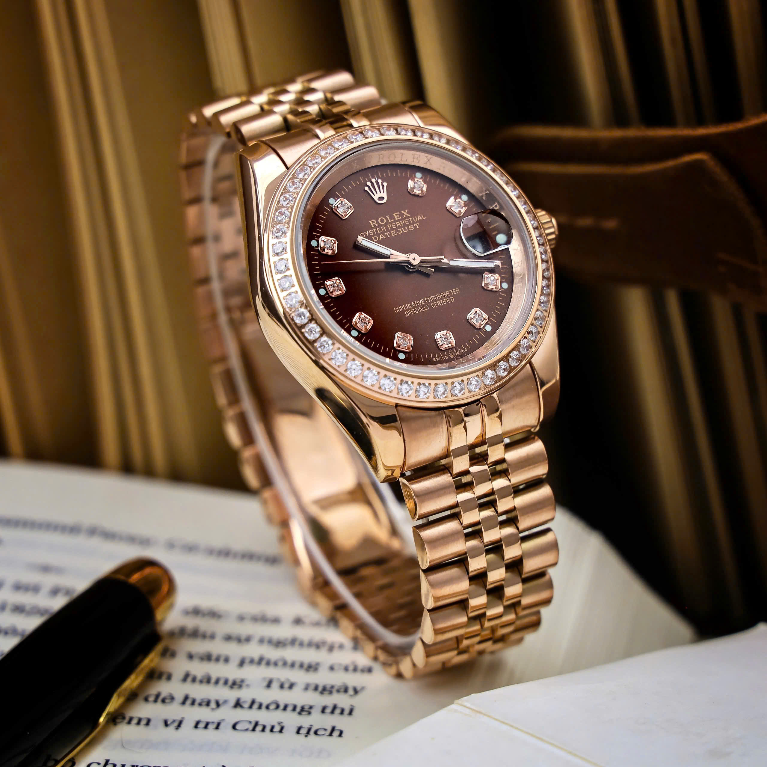 Đồng Hồ Rolex Cặp Nam Nữ Oyster DATEJUST demi mặt nâu cao cấp