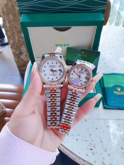 Đồng Hồ Rolex Nam Nữ dây demi gold rose viền đá cao cấp