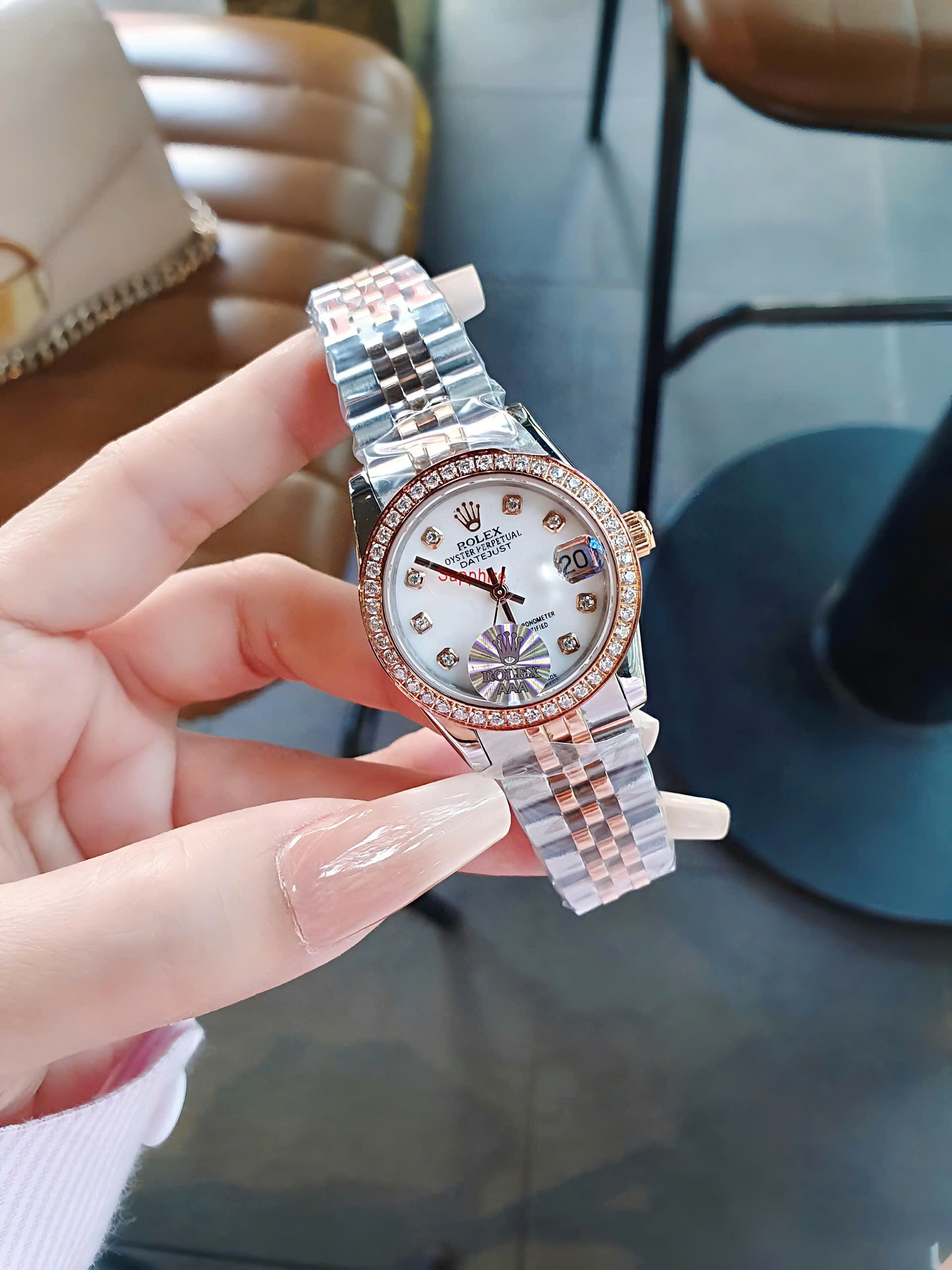 Đồng Hồ Rolex Nam Nữ dây demi gold rose viền đá cao cấp