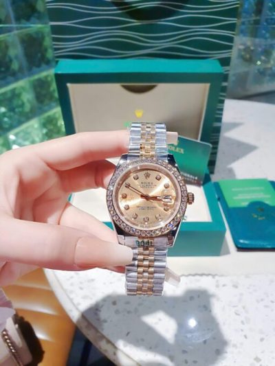 Đồng Hồ Rolex Nam Nữ dây demi gold rose viền đá cao cấp